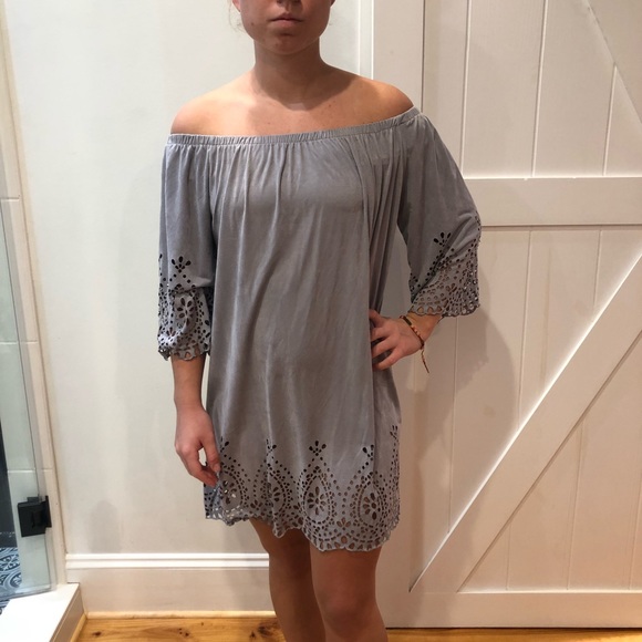 Off the shoulder flux suede grey dress - Picture 1 of 4